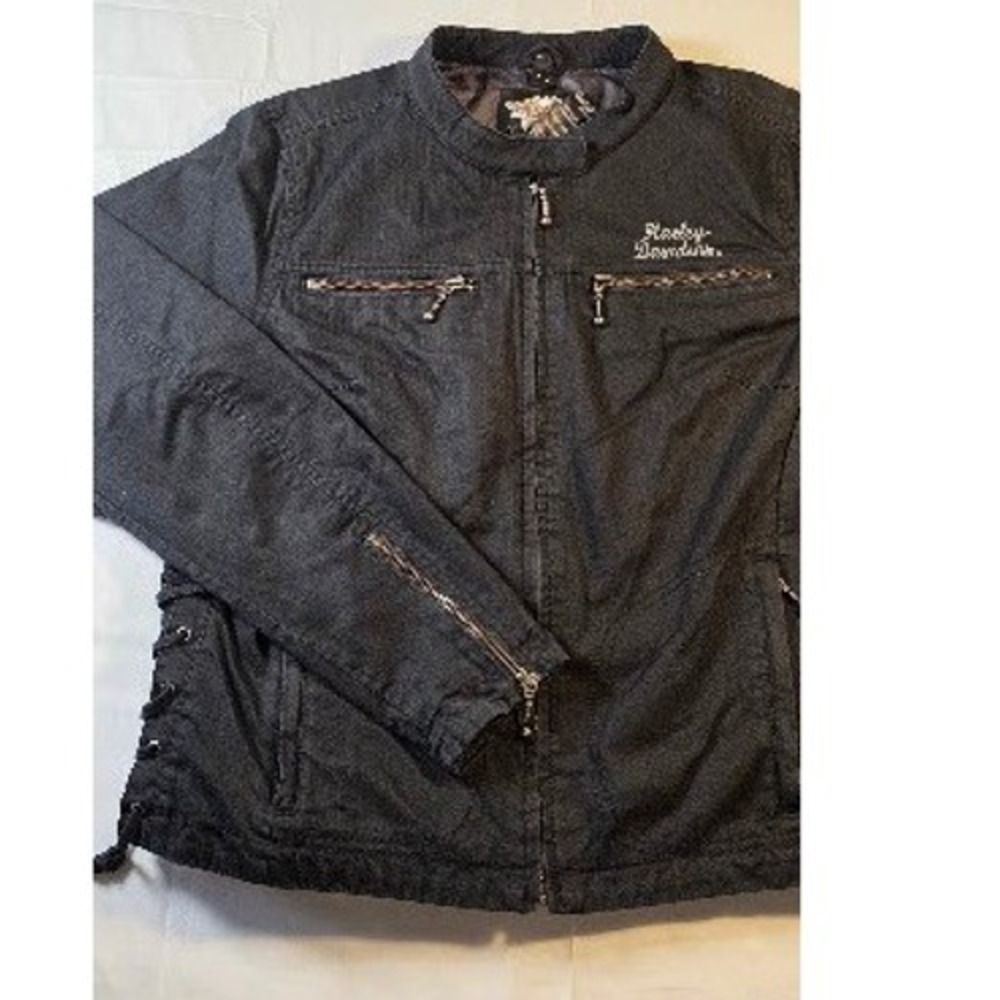 Harley-Davidson Womens Black Embroidered Winged Logo Lace Up Side Jacket Large